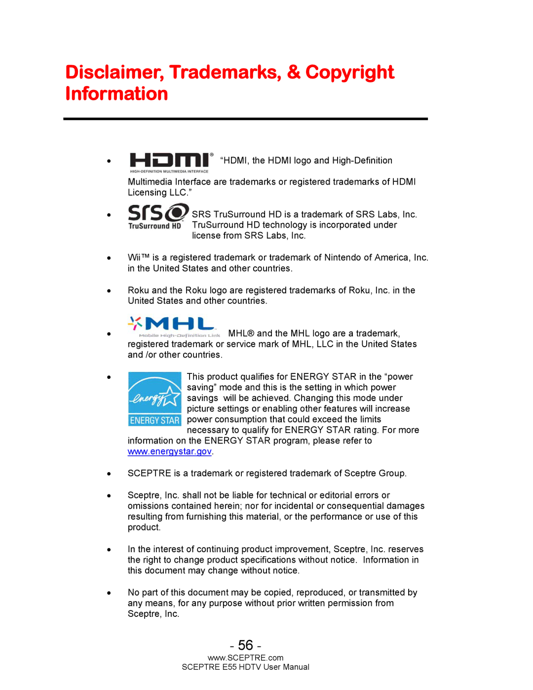 Sceptre Technologies E55 user manual Disclaimer, Trademarks, & Copyright Information 