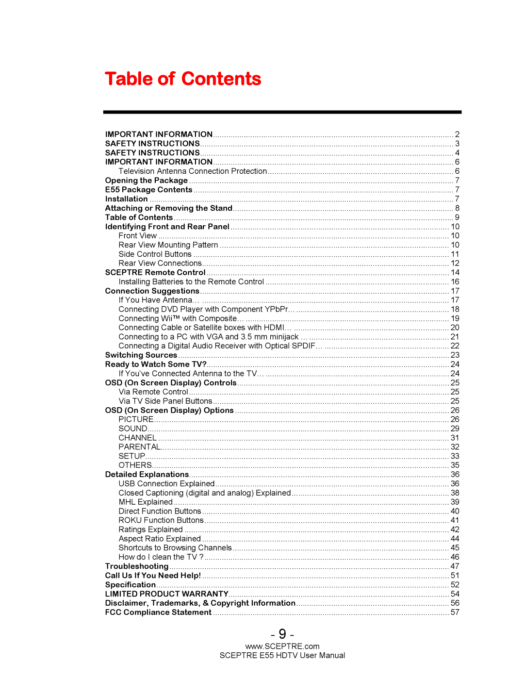 Sceptre Technologies E55 user manual Table of Contents 