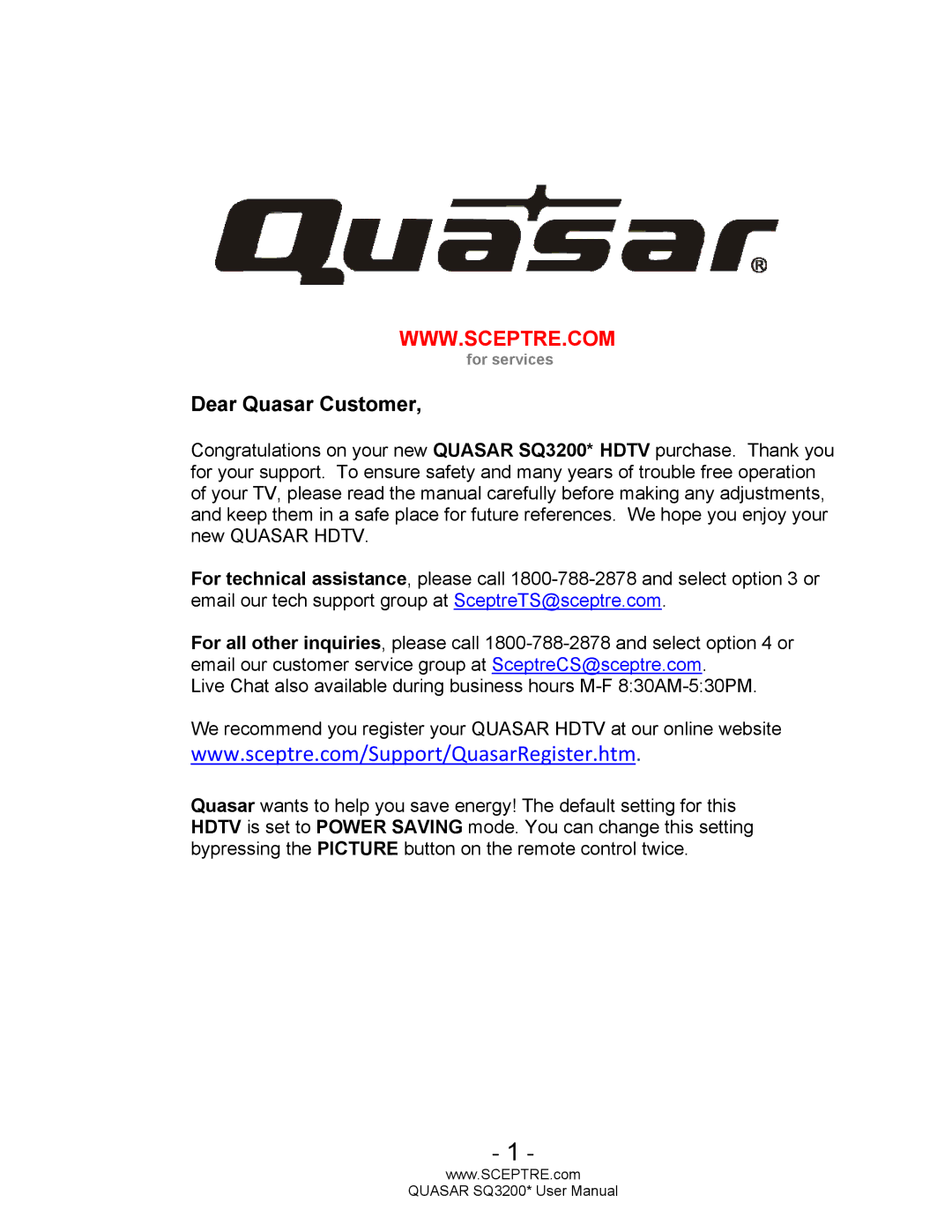 Sceptre Technologies SQ3200, HDTV user manual Dear Quasar Customer 