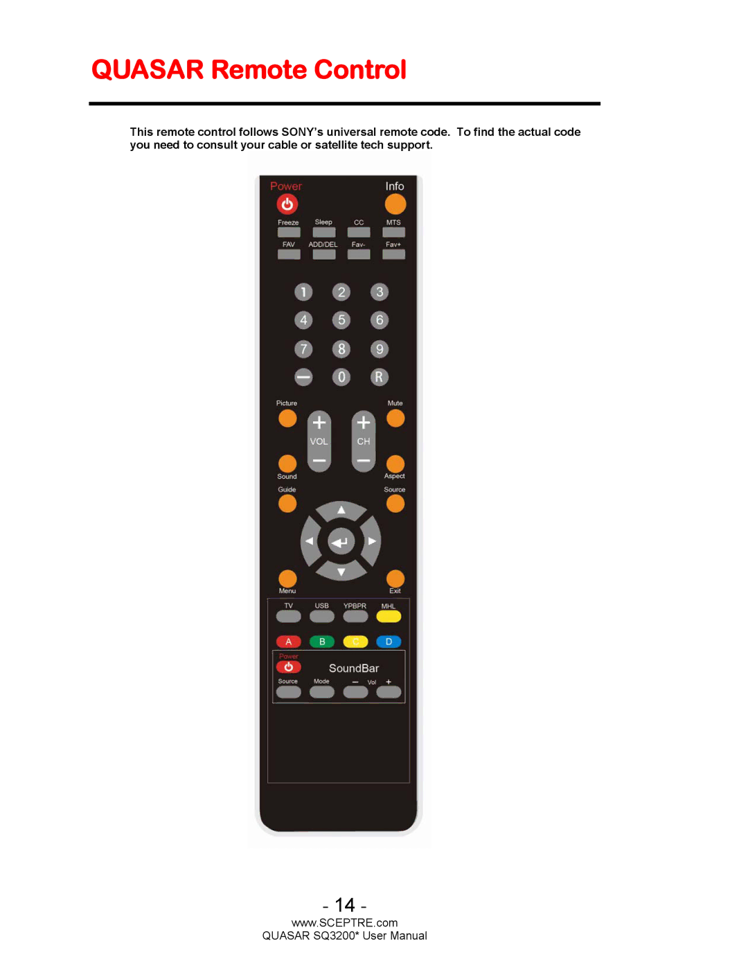 Sceptre Technologies HDTV, SQ3200 user manual Quasar Remote Control 