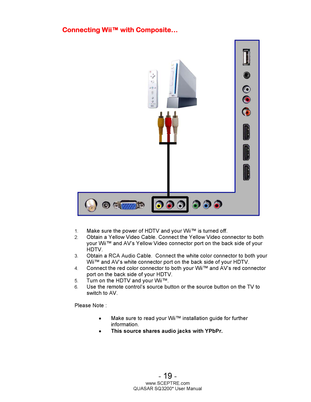 Sceptre Technologies SQ3200, HDTV user manual Connecting Wii with Composite… 