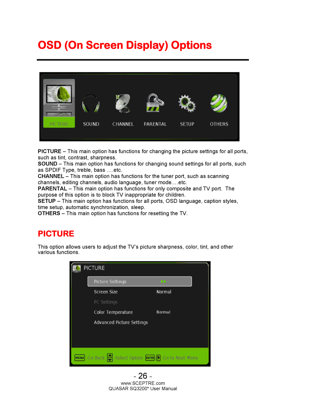 Sceptre Technologies HDTV, SQ3200 user manual OSD On Screen Display Options, Picture 