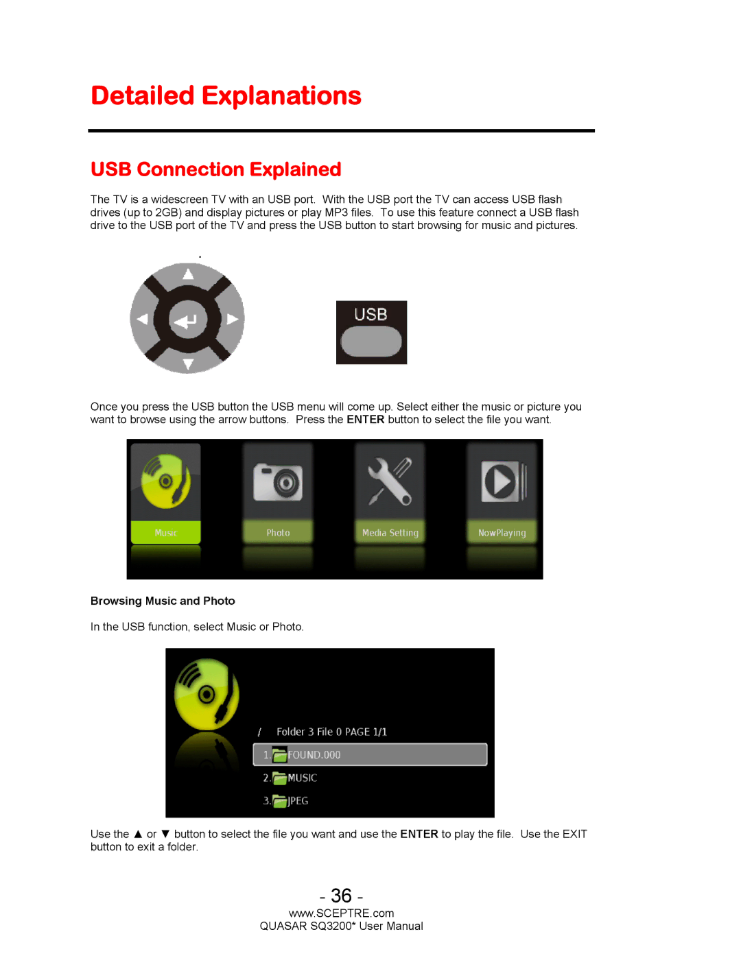 Sceptre Technologies HDTV, SQ3200 user manual Detailed Explanations, USB Connection Explained 