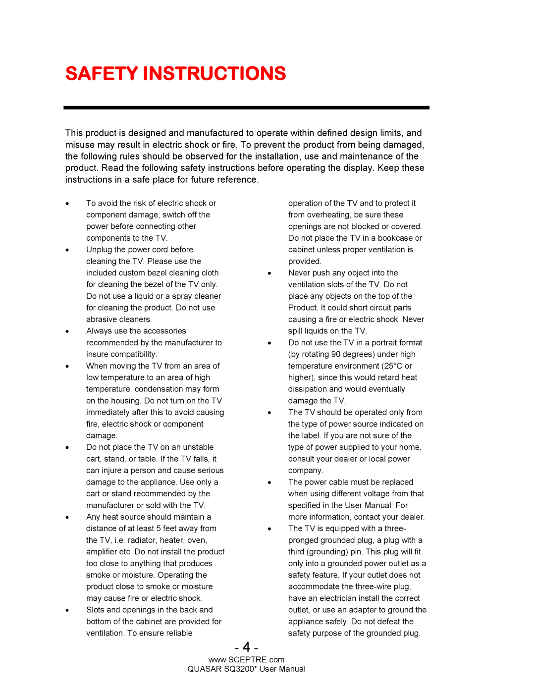 Sceptre Technologies HDTV, SQ3200 user manual Safety Instructions 