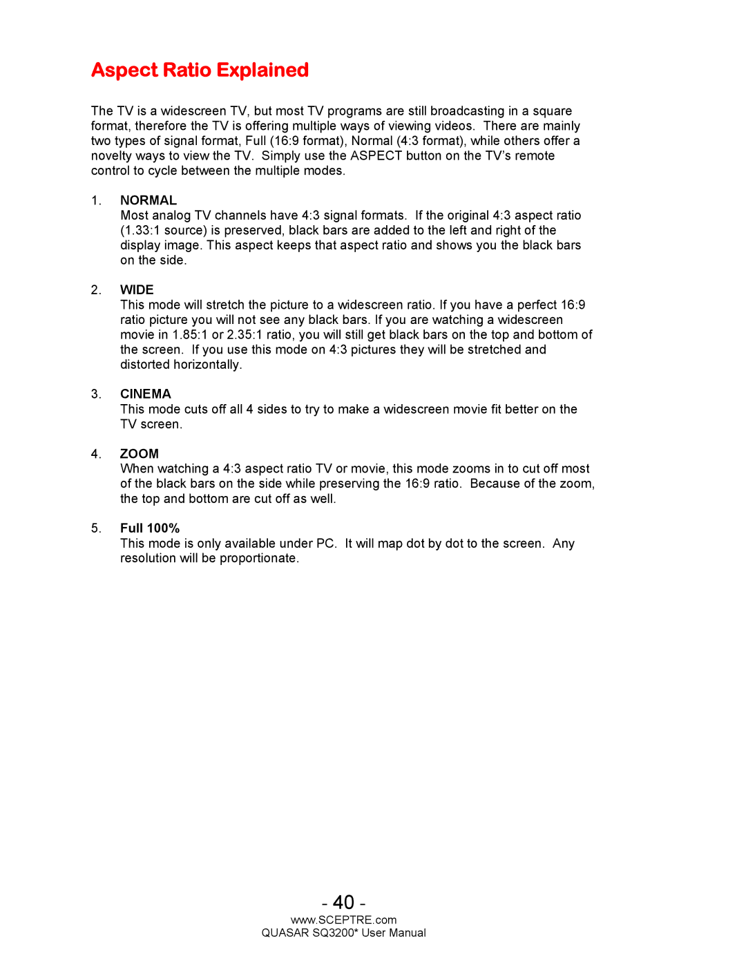 Sceptre Technologies HDTV, SQ3200 user manual Aspect Ratio Explained, Normal 