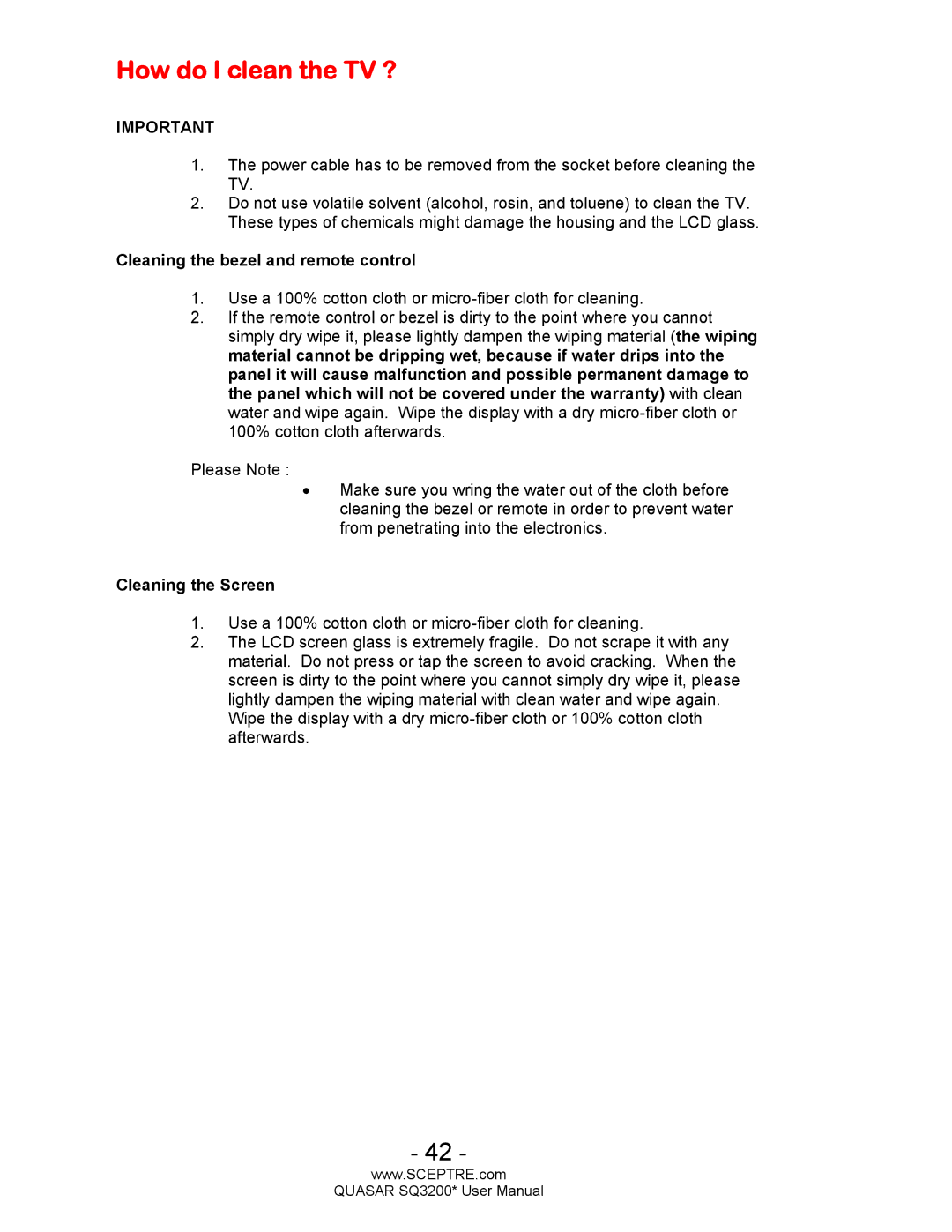 Sceptre Technologies HDTV, SQ3200 user manual How do I clean the TV ?, Cleaning the bezel and remote control 