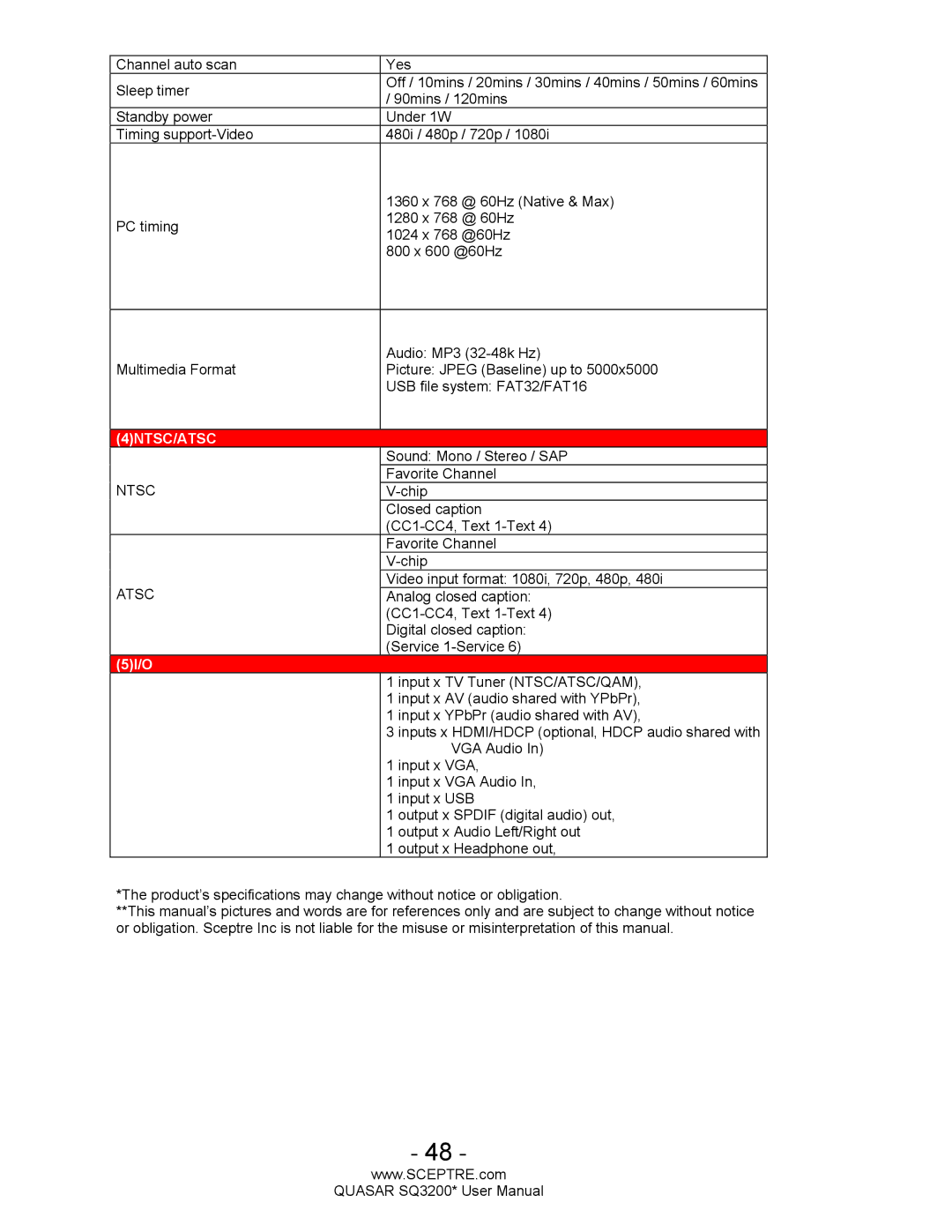 Sceptre Technologies HDTV, SQ3200 user manual 4NTSC/ATSC 