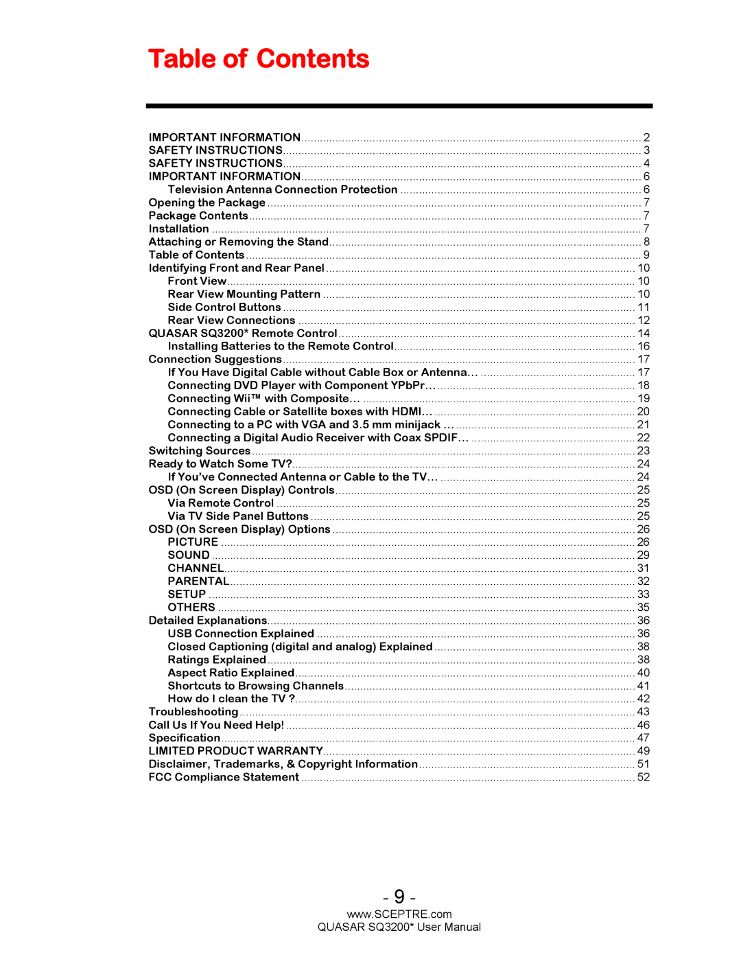 Sceptre Technologies SQ3200, HDTV user manual Table of Contents 