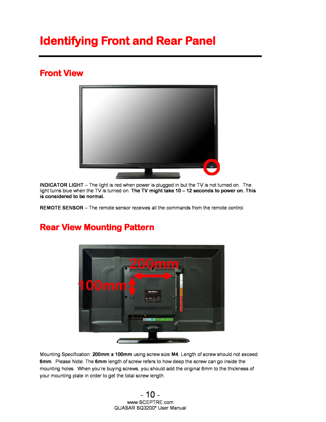 Sceptre Technologies HDTV, SQ3200 user manual Identifying Front and Rear Panel, Front View, Rear View Mounting Pattern 