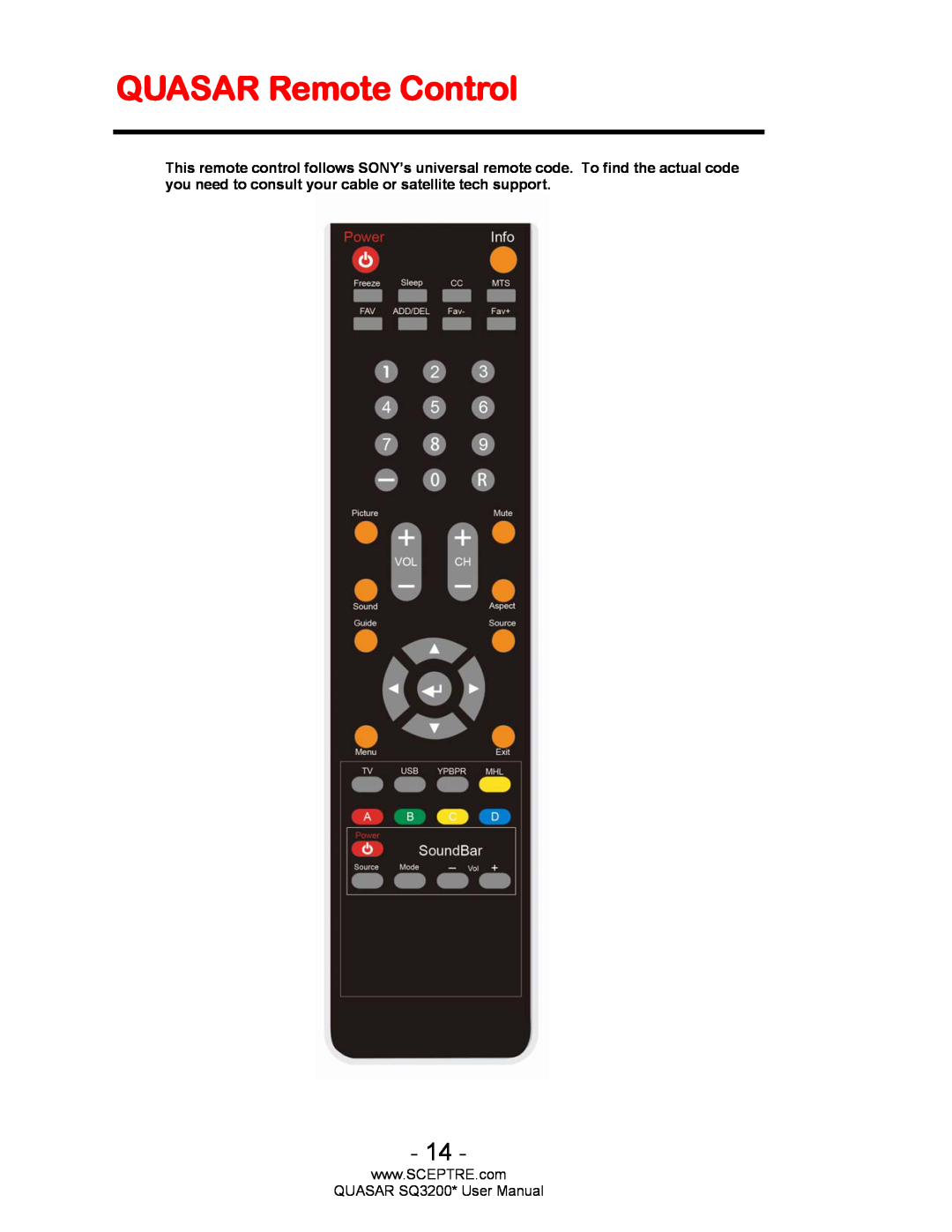 Sceptre Technologies HDTV, SQ3200 user manual QUASAR Remote Control 