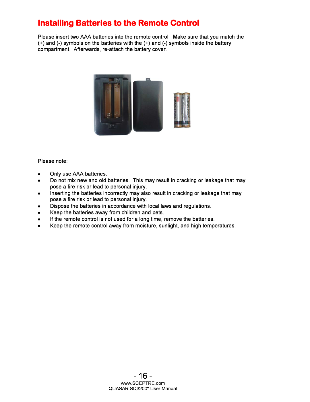 Sceptre Technologies HDTV, SQ3200 user manual Installing Batteries to the Remote Control 
