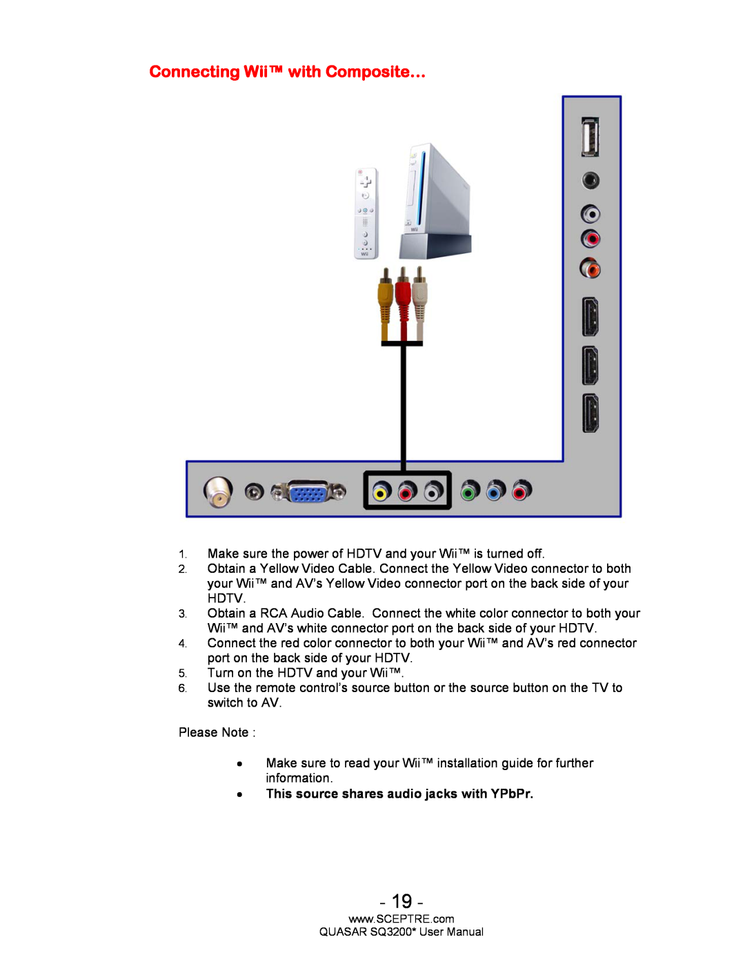 Sceptre Technologies SQ3200, HDTV user manual Connecting Wii with Composite…, This source shares audio jacks with YPbPr 