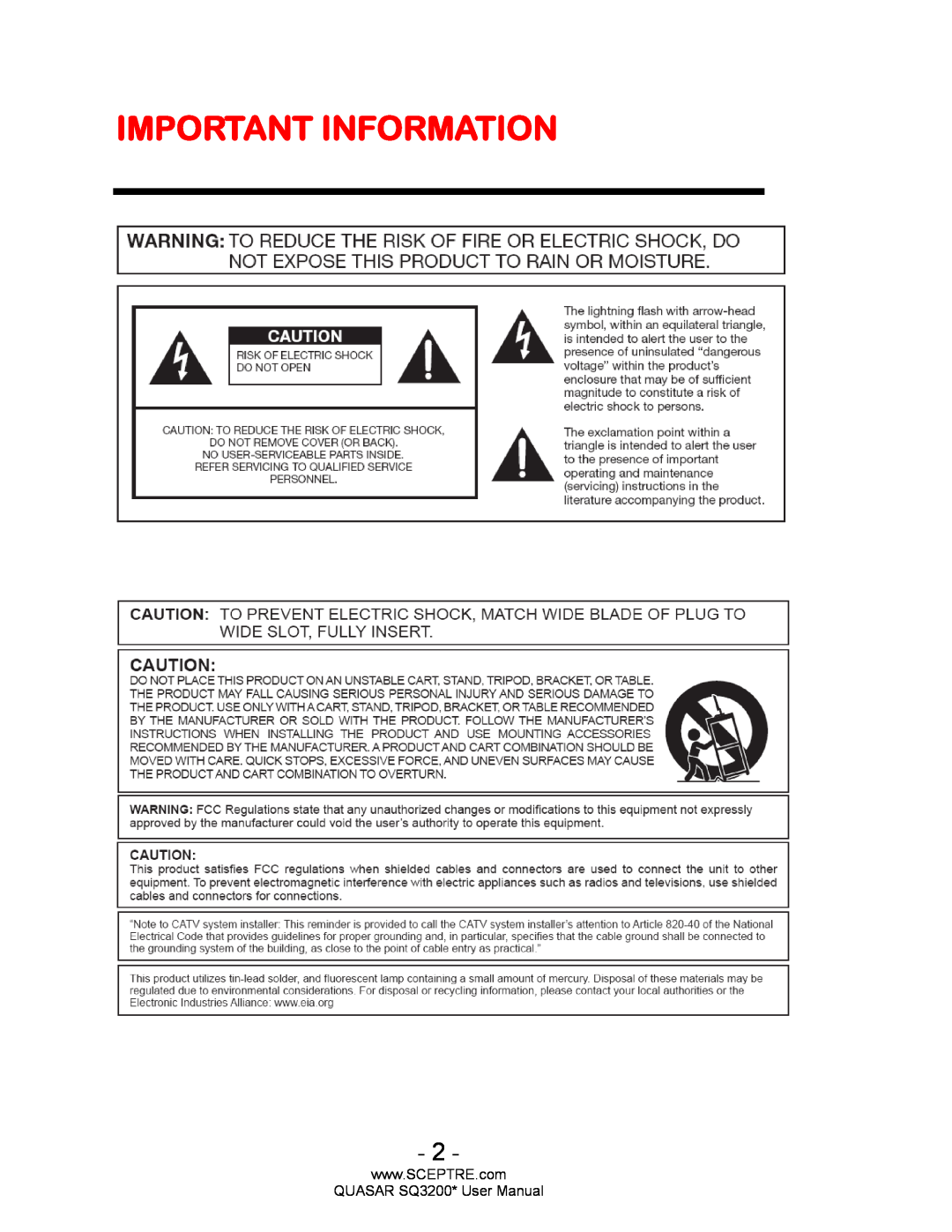 Sceptre Technologies HDTV user manual Important Information, QUASAR SQ3200* User Manual 