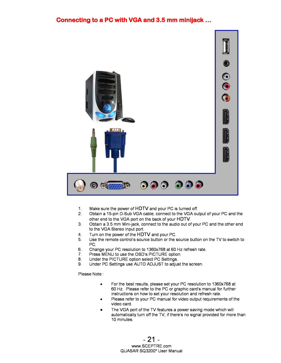 Sceptre Technologies SQ3200, HDTV user manual Connecting to a PC with VGA and 3.5 mm minijack … 