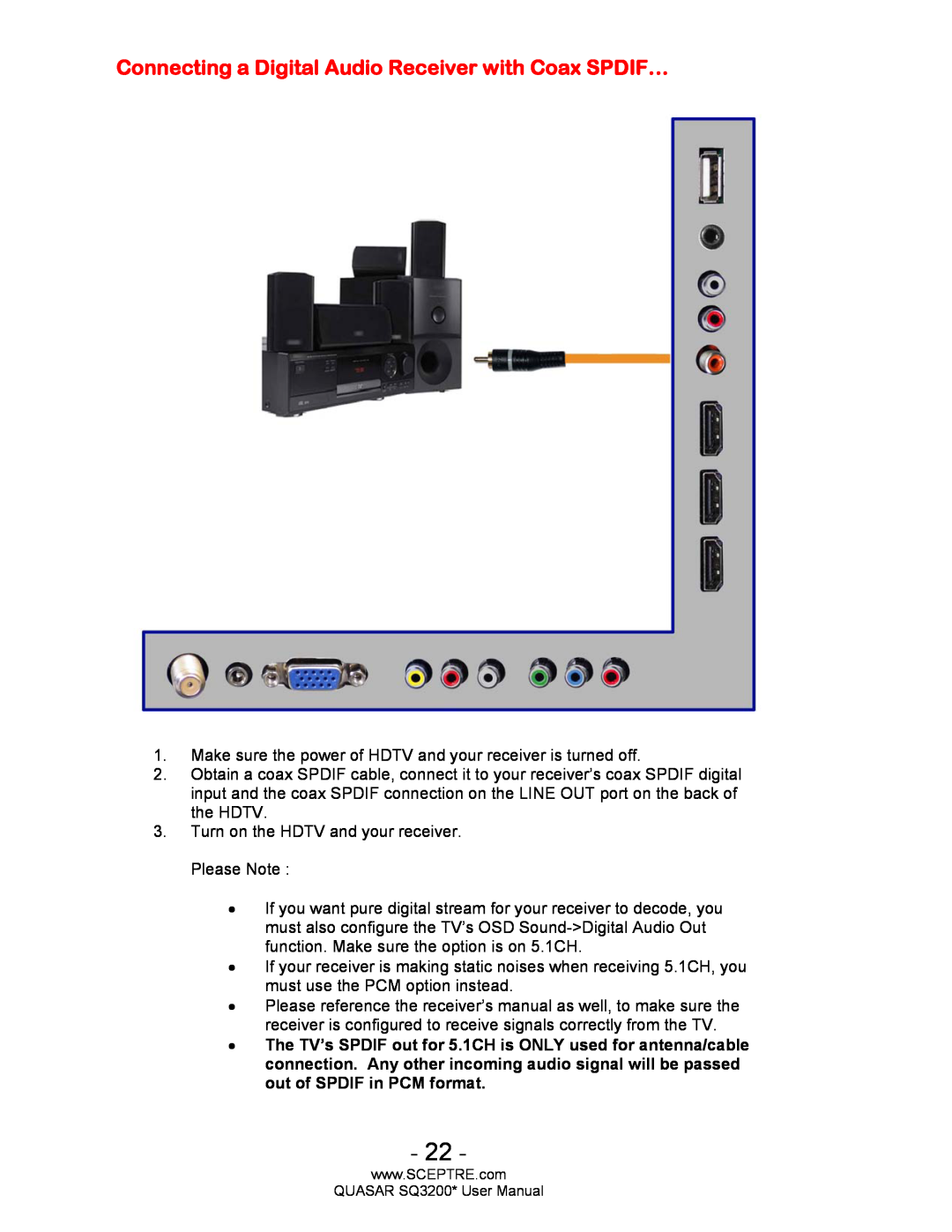Sceptre Technologies HDTV, SQ3200 user manual Connecting a Digital Audio Receiver with Coax SPDIF… 