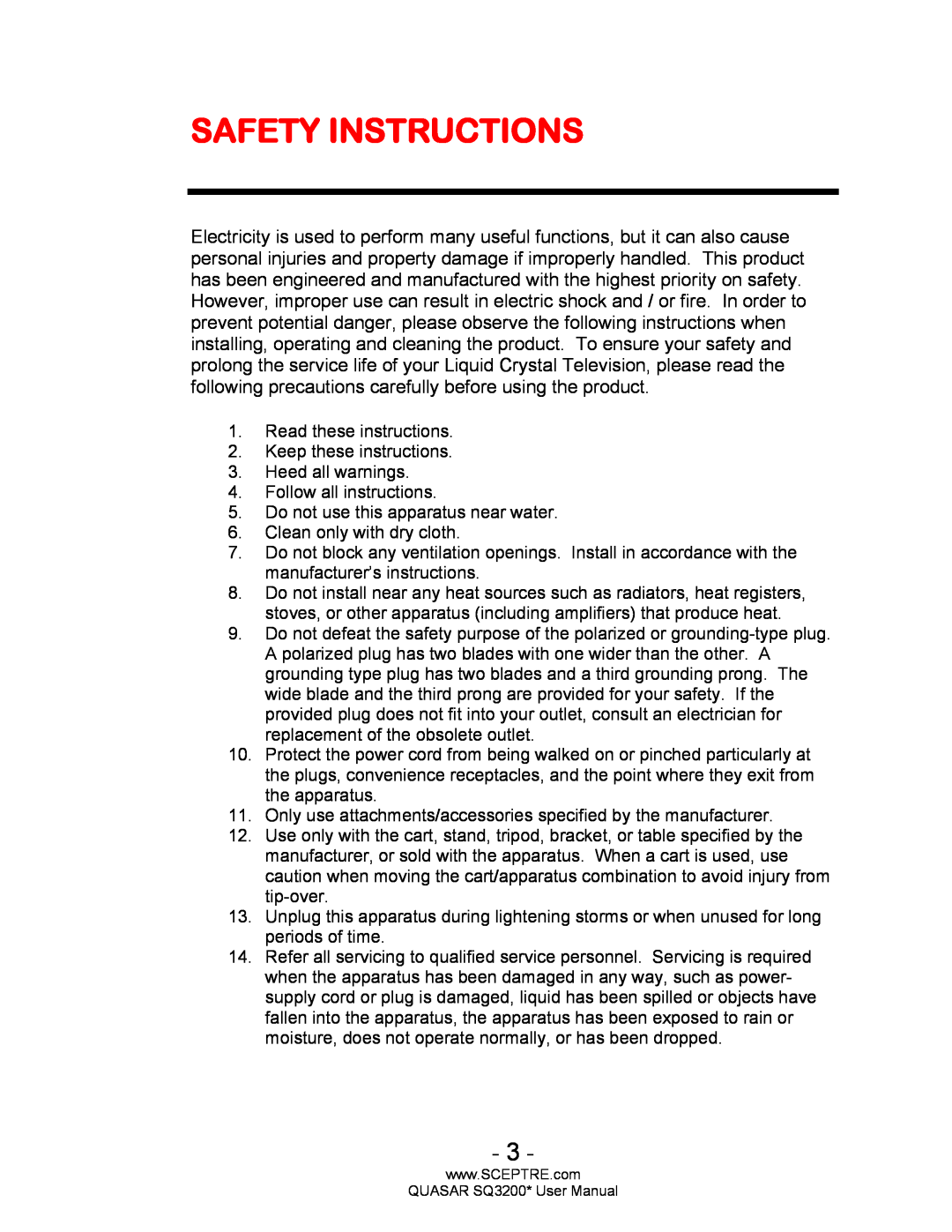 Sceptre Technologies SQ3200, HDTV user manual Safety Instructions 
