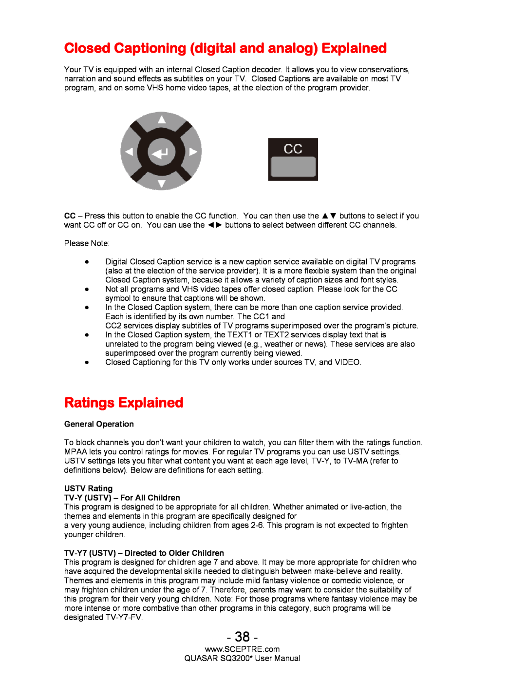 Sceptre Technologies HDTV, SQ3200 Closed Captioning digital and analog Explained, Ratings Explained, General Operation 