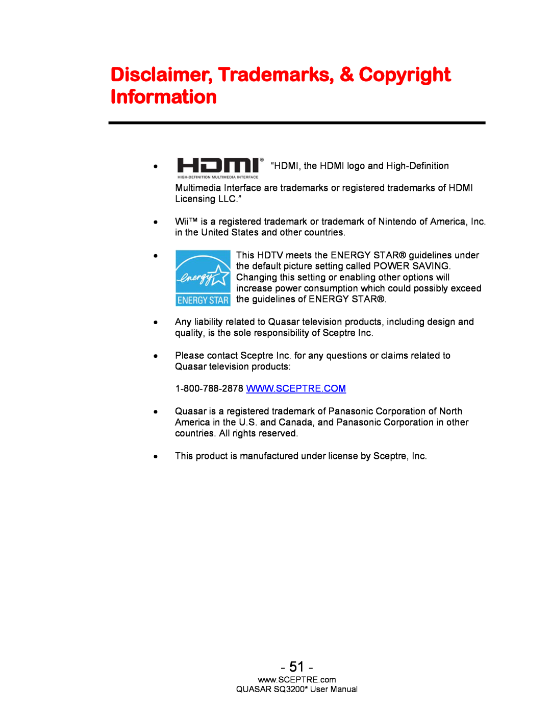 Sceptre Technologies SQ3200, HDTV user manual Disclaimer, Trademarks, & Copyright Information 