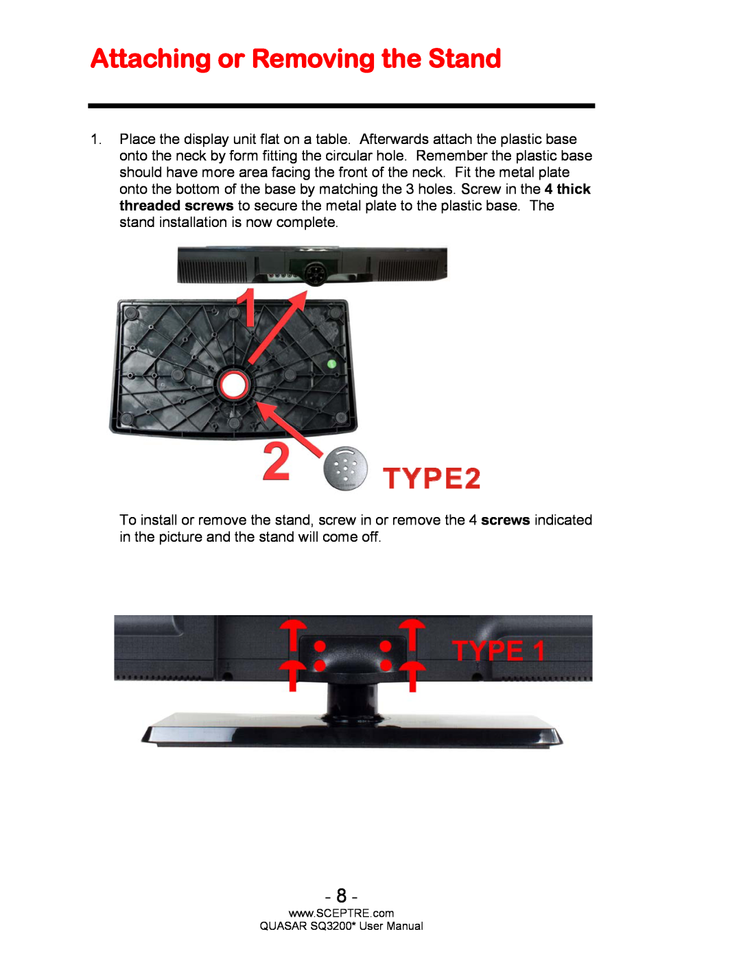 Sceptre Technologies HDTV, SQ3200 user manual Attaching or Removing the Stand 