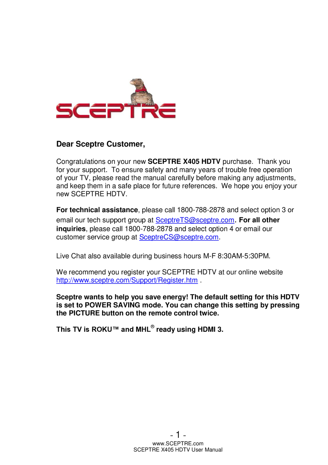 Sceptre Technologies X405, HDTV user manual Dear Sceptre Customer 