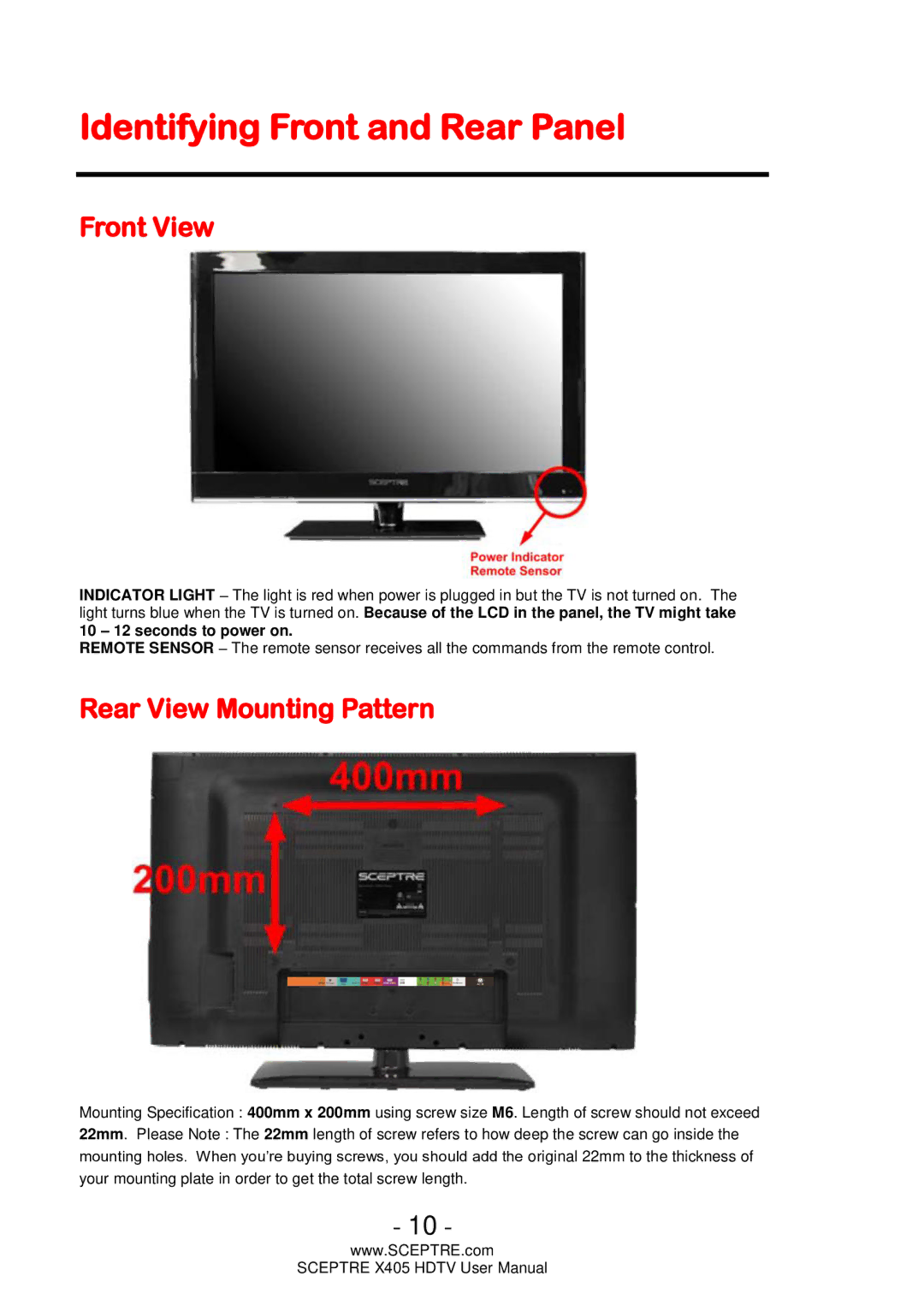 Sceptre Technologies HDTV, X405 user manual Identifying Front and Rear Panel, Front View, Rear View Mounting Pattern 