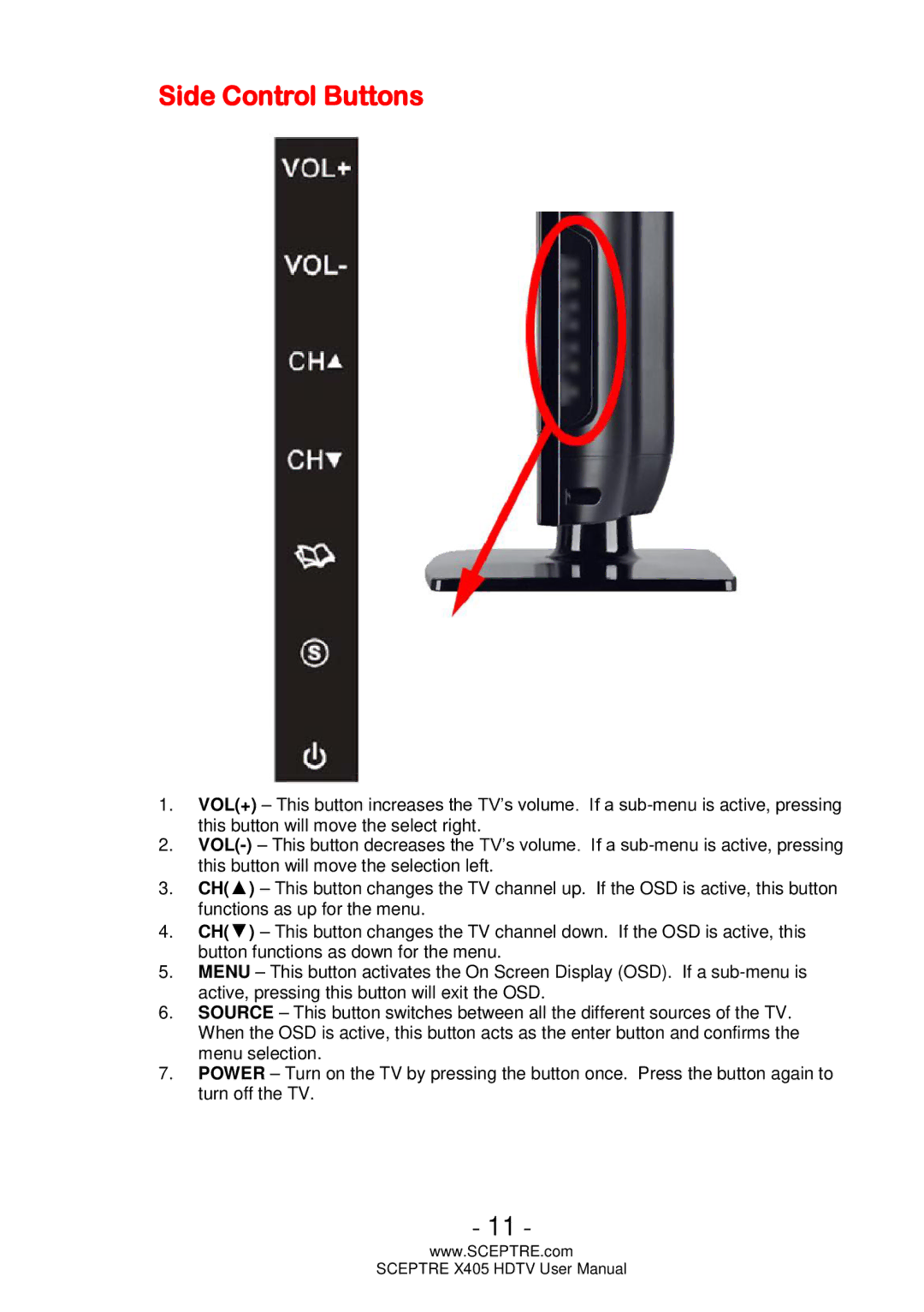 Sceptre Technologies X405, HDTV user manual Side Control Buttons 