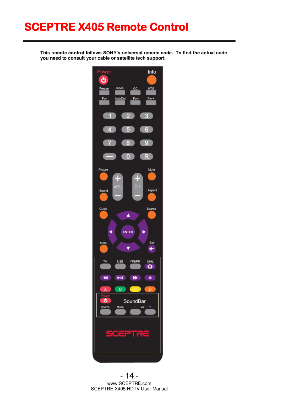 Sceptre Technologies HDTV user manual Sceptre X405 Remote Control 