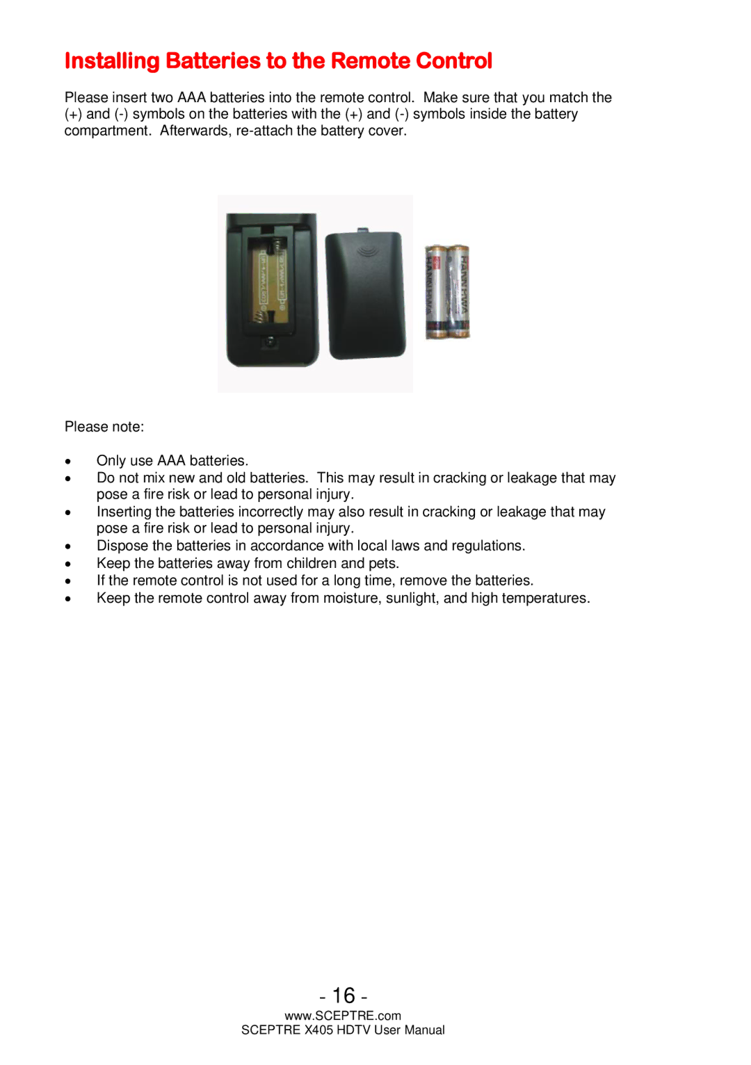 Sceptre Technologies HDTV, X405 user manual Installing Batteries to the Remote Control 