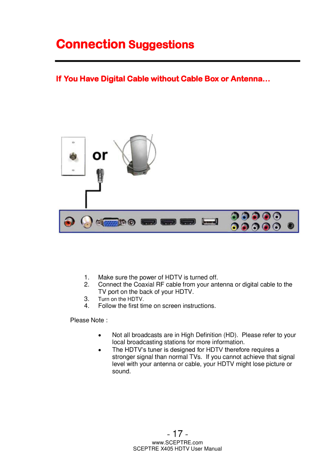 Sceptre Technologies X405, HDTV user manual Connection Suggestions, If You Have Digital Cable without Cable Box or Antenna… 