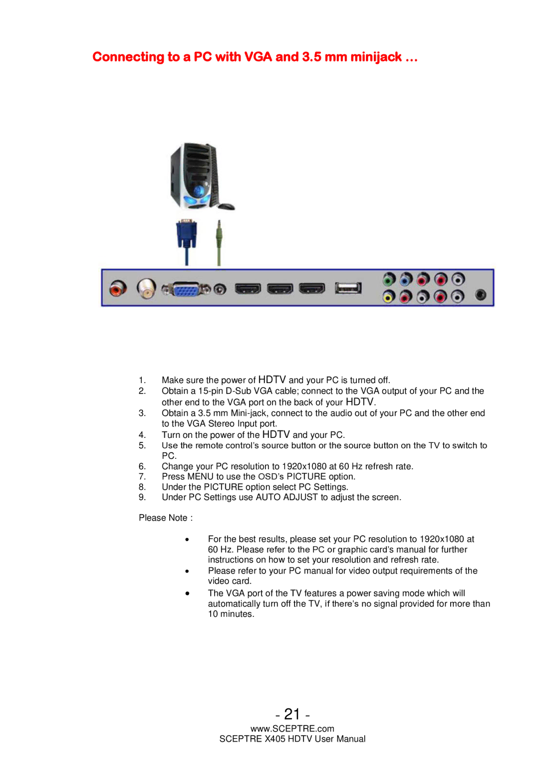 Sceptre Technologies X405, HDTV user manual Connecting to a PC with VGA and 3.5 mm minijack … 