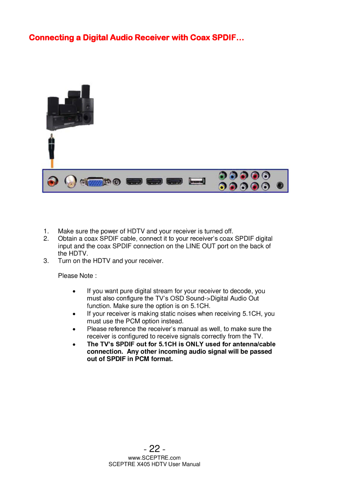 Sceptre Technologies HDTV, X405 user manual Connecting a Digital Audio Receiver with Coax SPDIF… 