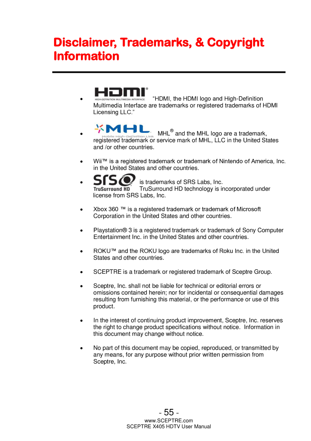 Sceptre Technologies X405, HDTV user manual Disclaimer, Trademarks, & Copyright Information 