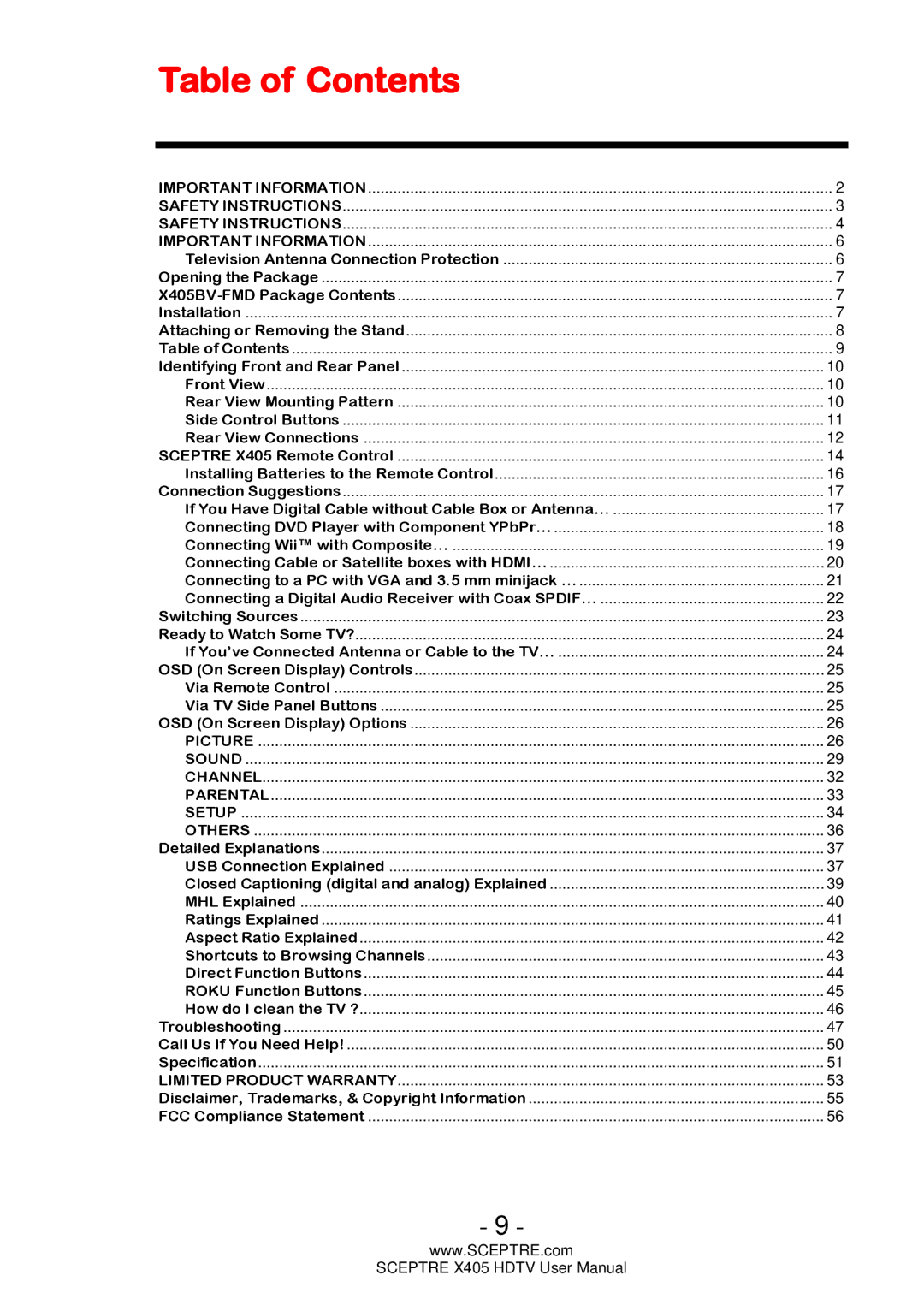 Sceptre Technologies X405, HDTV user manual Table of Contents 