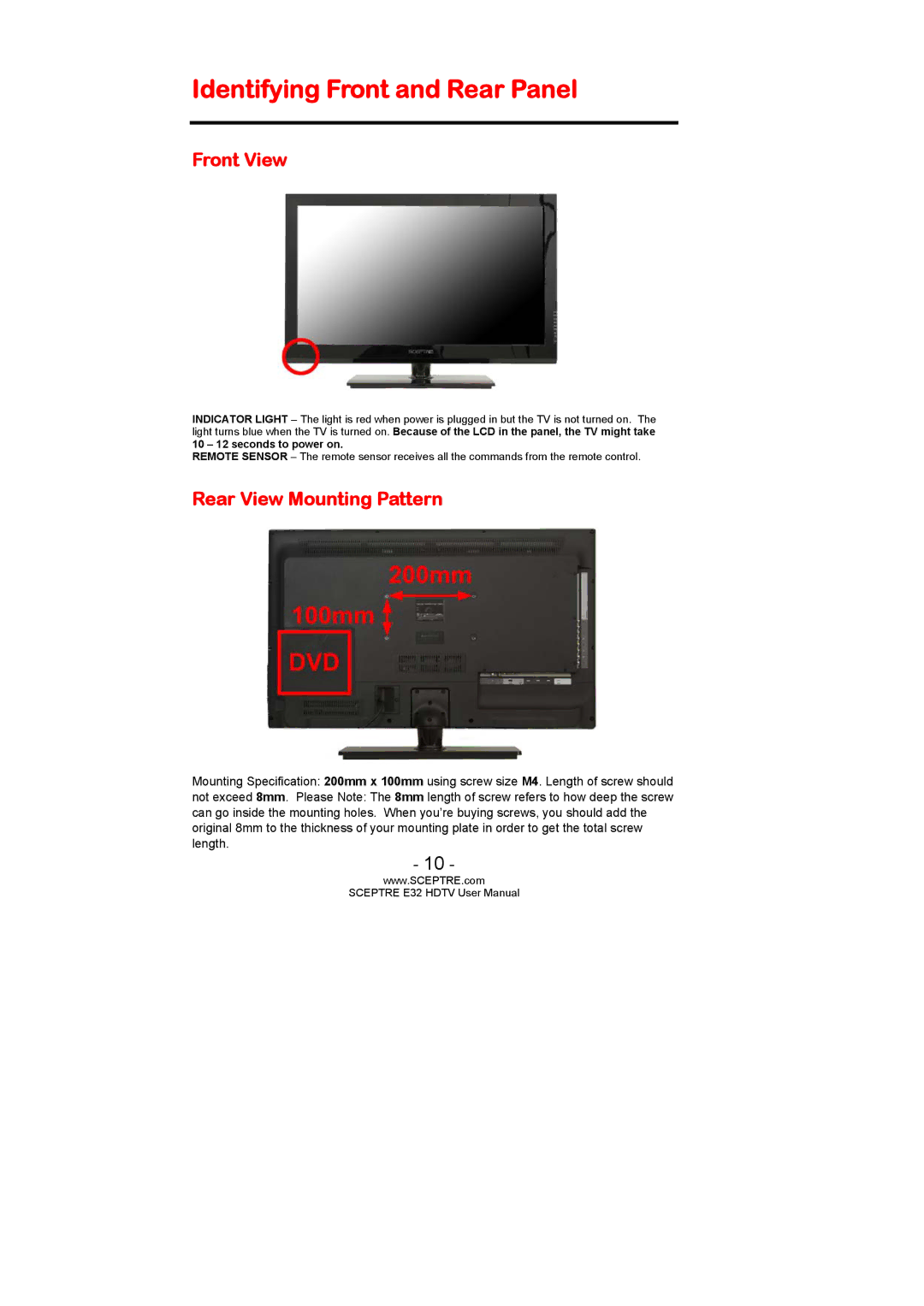 Sceptre Technologies SCEPTRE E32 HDTV user manual Identifying Front and Rear Panel, Front View, Rear View Mounting Pattern 