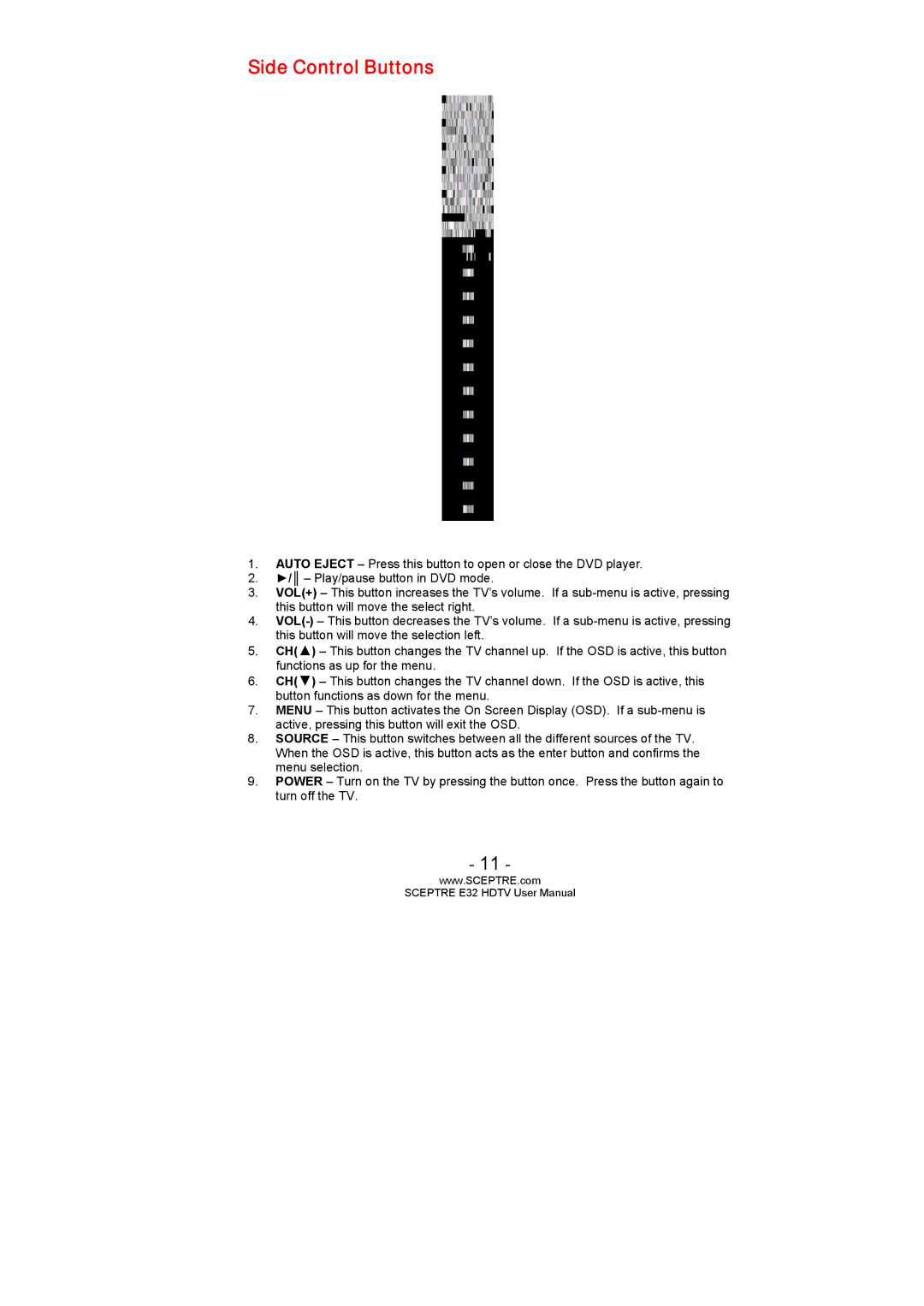 Sceptre Technologies SCEPTRE E32 HDTV user manual Side Control Buttons 