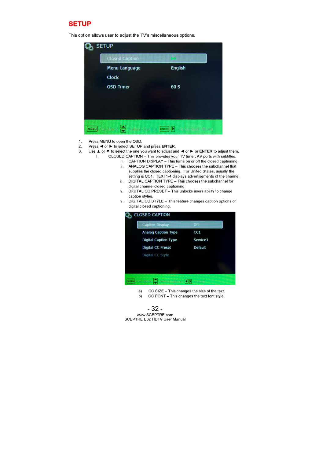 Sceptre Technologies SCEPTRE E32 HDTV user manual Setup 