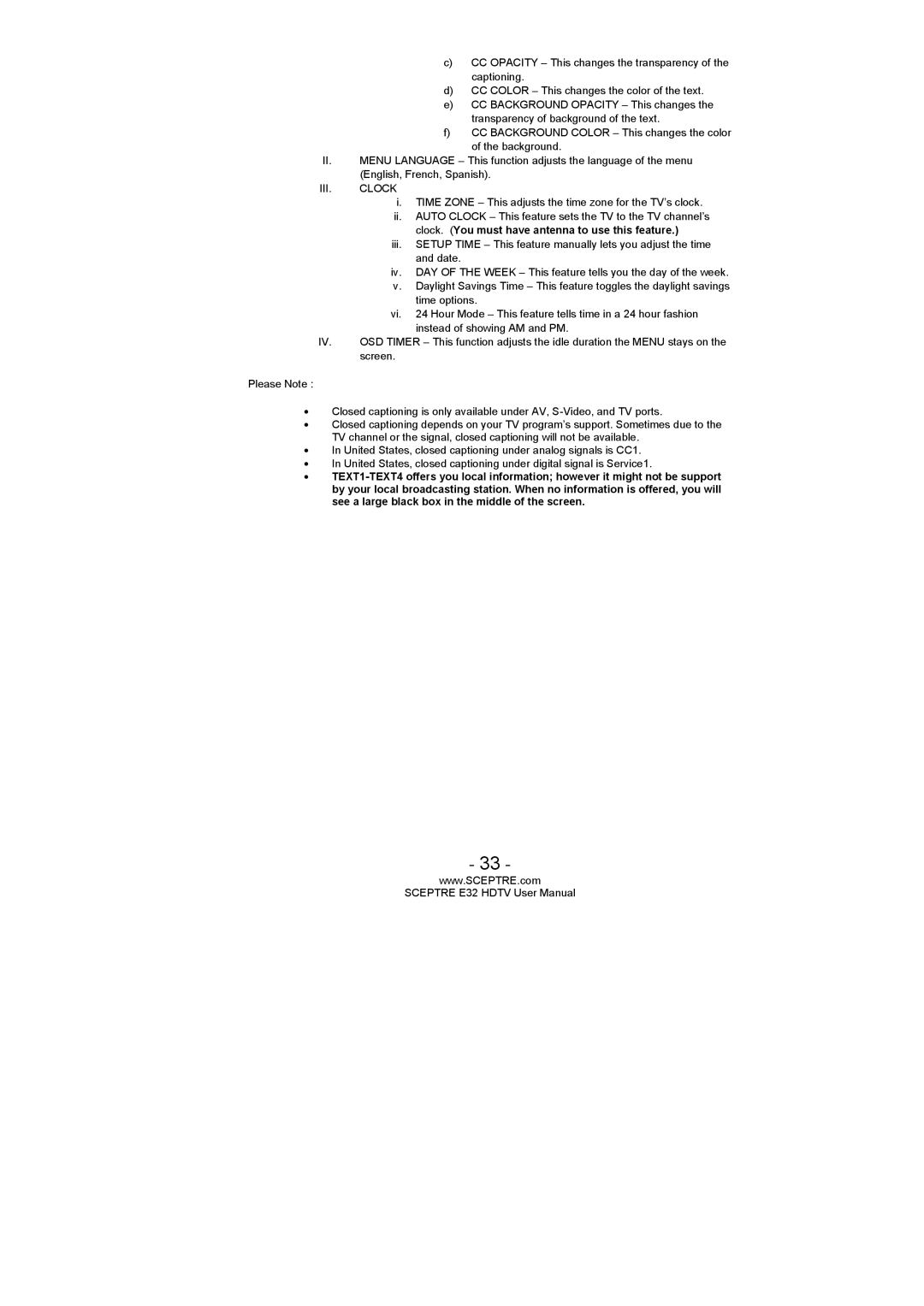 Sceptre Technologies SCEPTRE E32 HDTV user manual III. Clock 