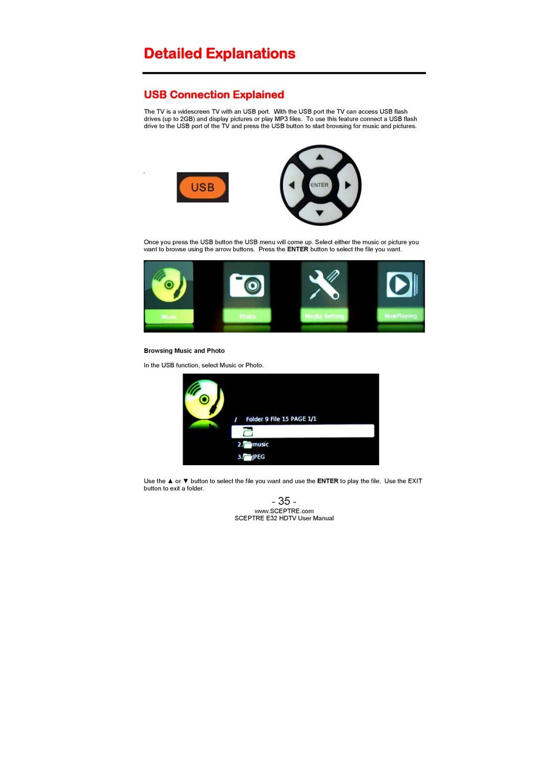 Sceptre Technologies SCEPTRE E32 HDTV user manual Detailed Explanations, USB Connection Explained 