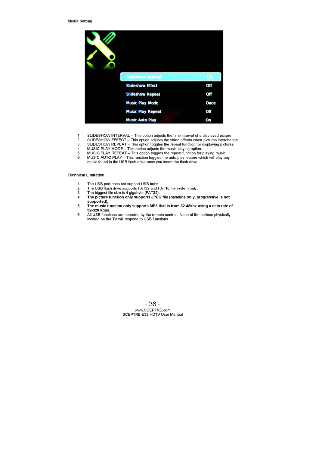 Sceptre Technologies SCEPTRE E32 HDTV user manual Media Setting 