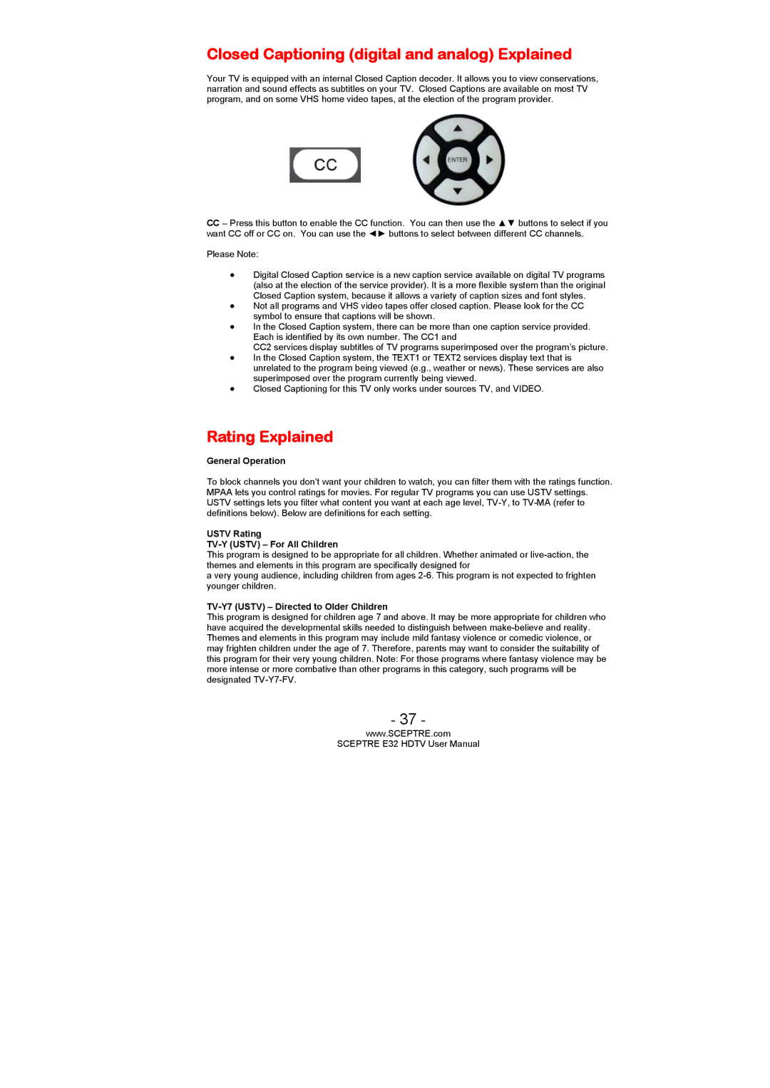 Sceptre Technologies SCEPTRE E32 HDTV user manual Closed Captioning digital and analog Explained, Rating Explained 