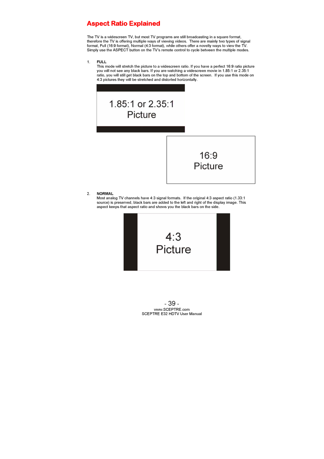 Sceptre Technologies SCEPTRE E32 HDTV user manual Aspect Ratio Explained, Full 