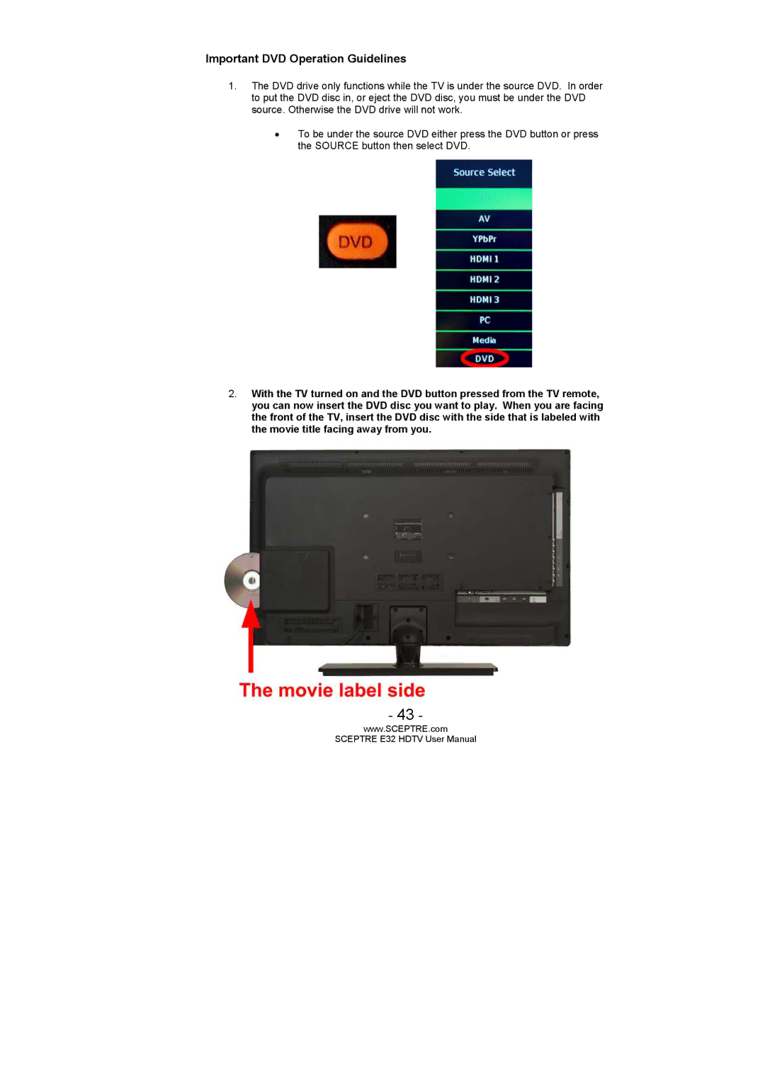 Sceptre Technologies SCEPTRE E32 HDTV user manual Important DVD Operation Guidelines 