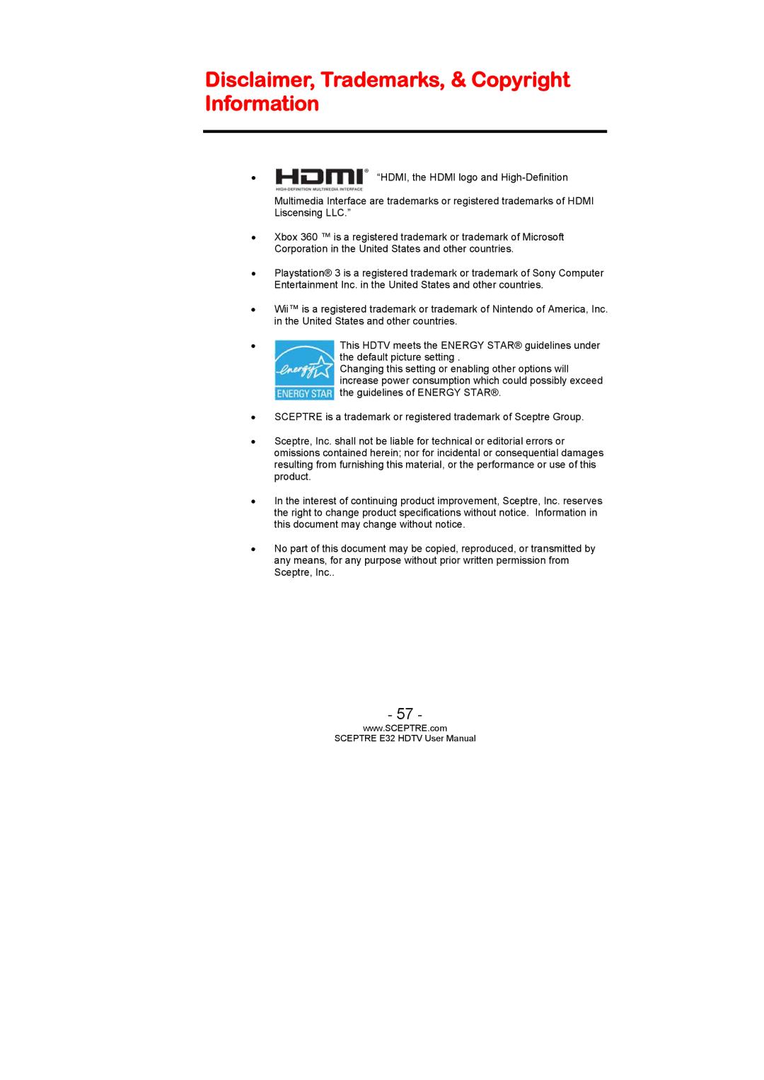 Sceptre Technologies SCEPTRE E32 HDTV user manual Disclaimer, Trademarks, & Copyright Information 