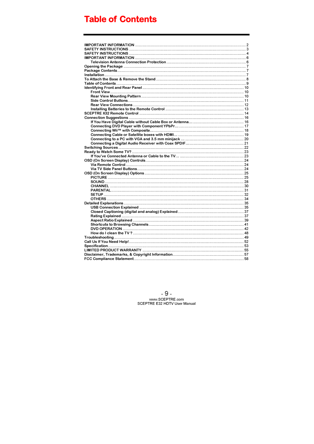 Sceptre Technologies SCEPTRE E32 HDTV user manual Table of Contents 