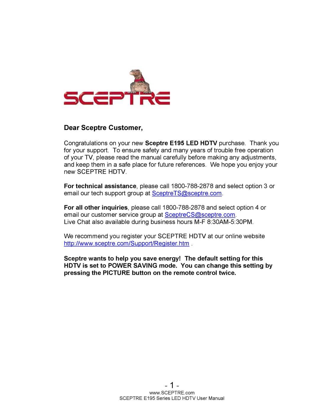 Sceptre Technologies SCEPTRE LED HDTV user manual Dear Sceptre Customer 