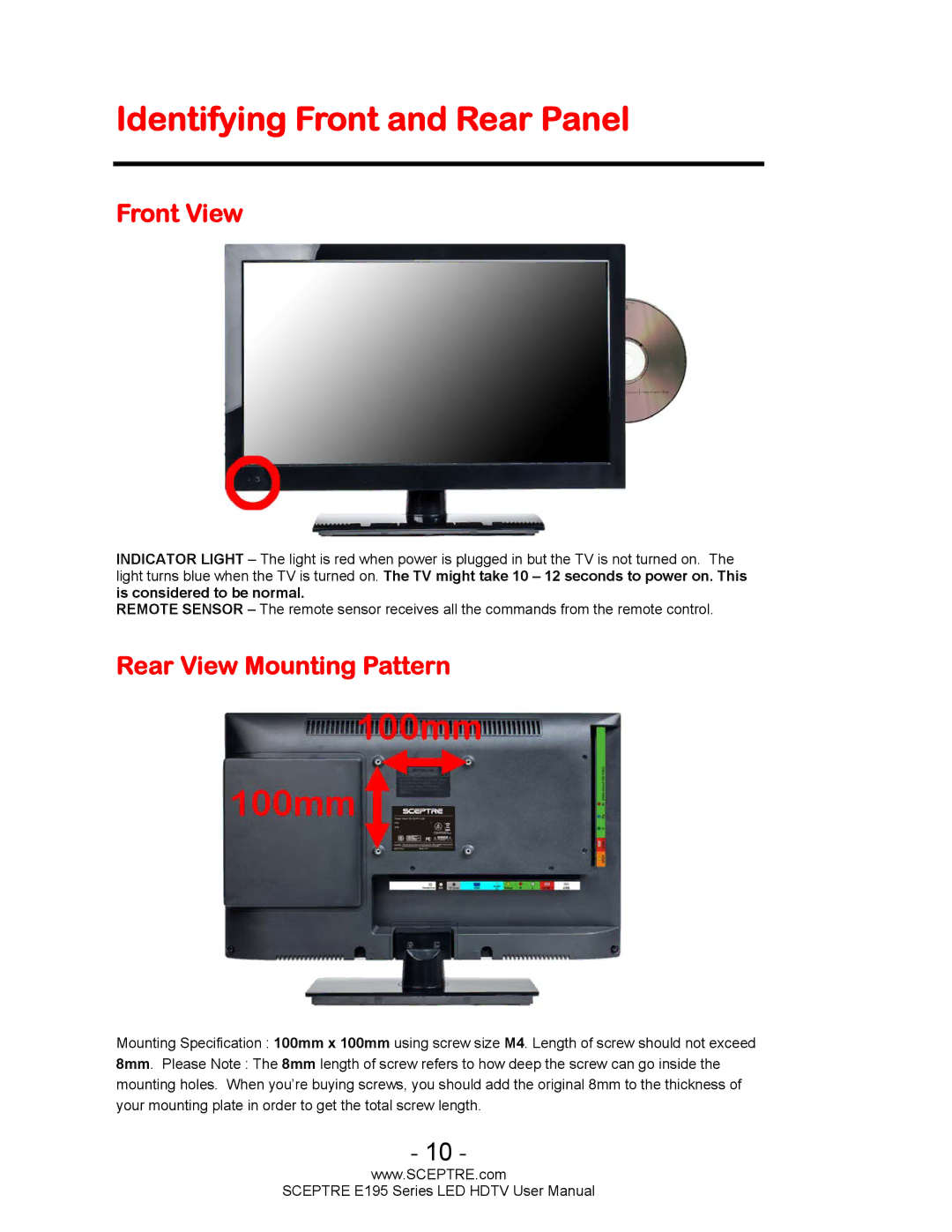 Sceptre Technologies SCEPTRE LED HDTV user manual Identifying Front and Rear Panel, Front View, Rear View Mounting Pattern 