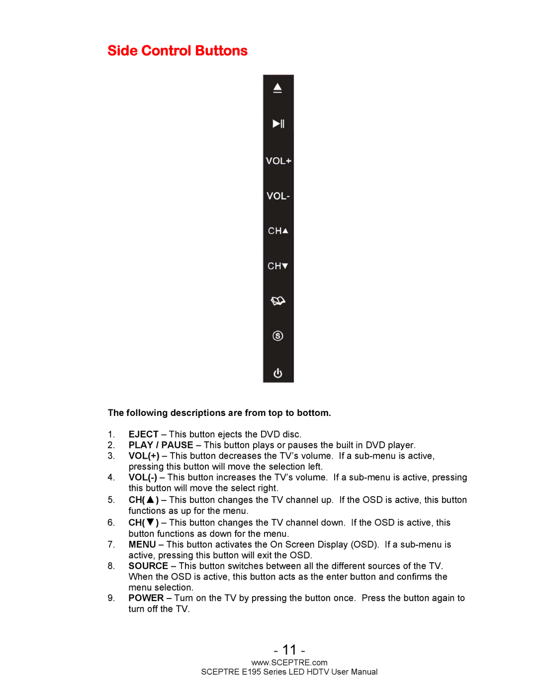 Sceptre Technologies SCEPTRE LED HDTV user manual Side Control Buttons, Following descriptions are from top to bottom 