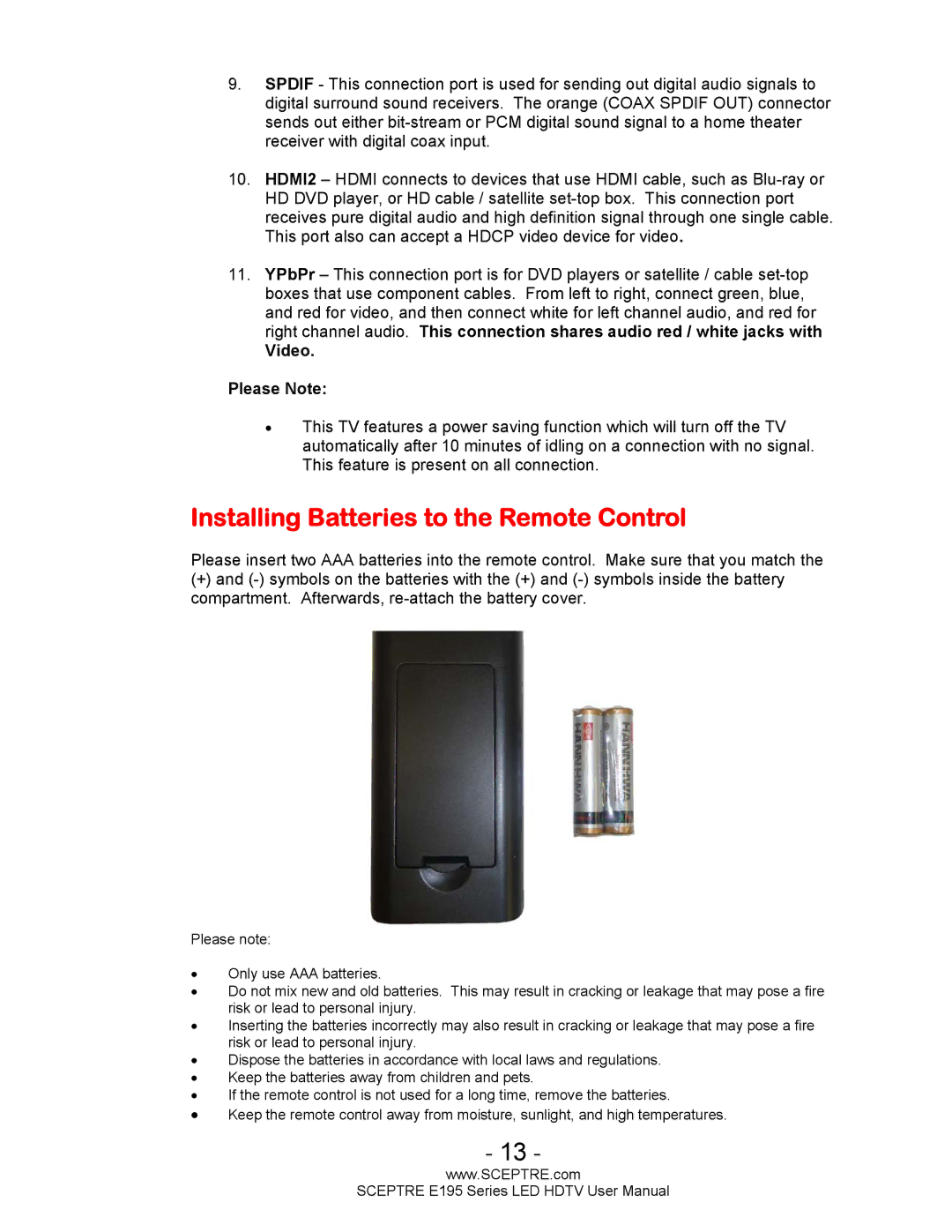 Sceptre Technologies SCEPTRE LED HDTV user manual Installing Batteries to the Remote Control, Video Please Note 