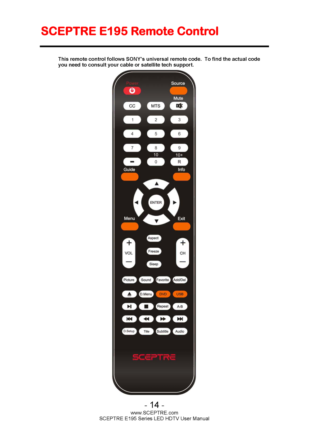 Sceptre Technologies SCEPTRE LED HDTV user manual Sceptre E195 Remote Control 