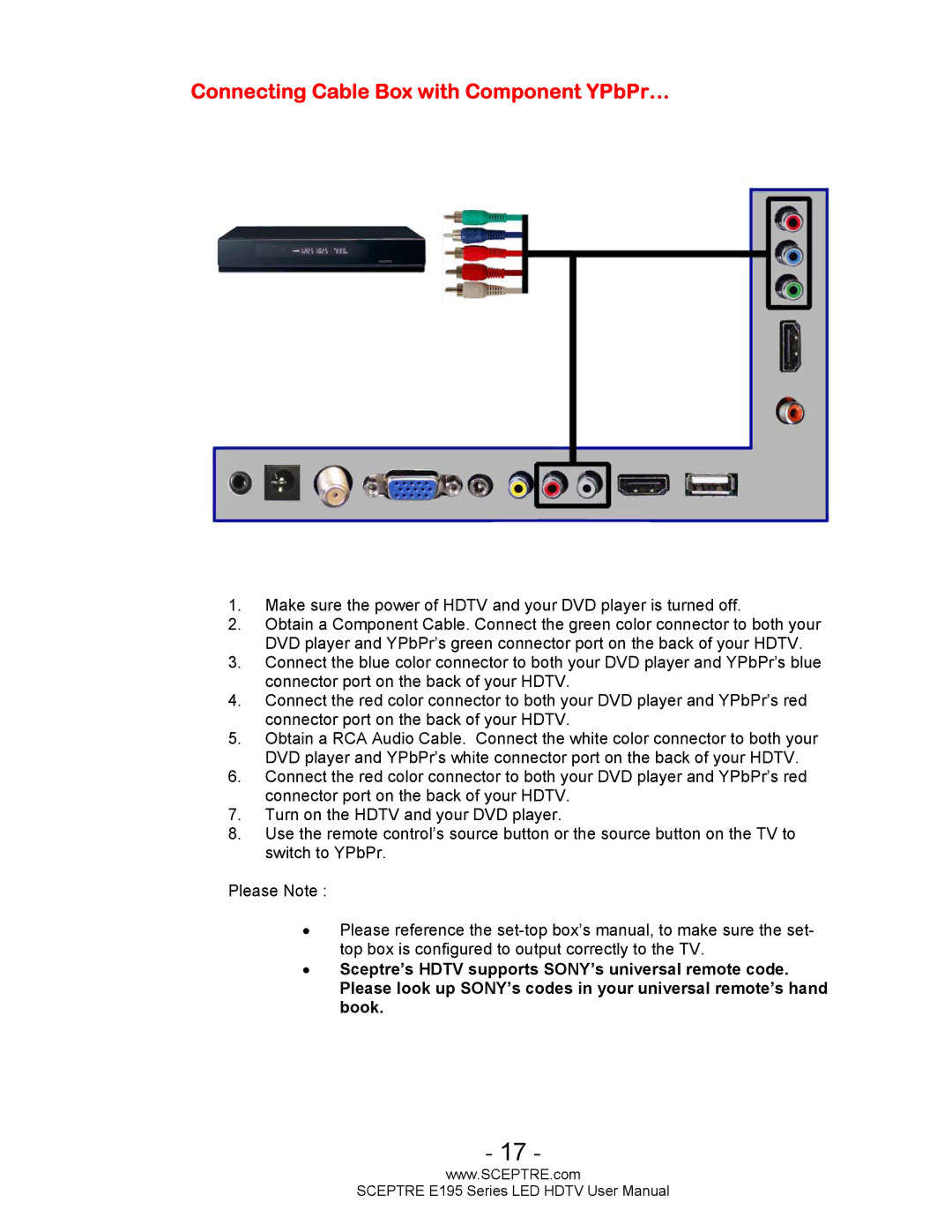 Sceptre Technologies SCEPTRE LED HDTV user manual Connecting Cable Box with Component YPbPr… 